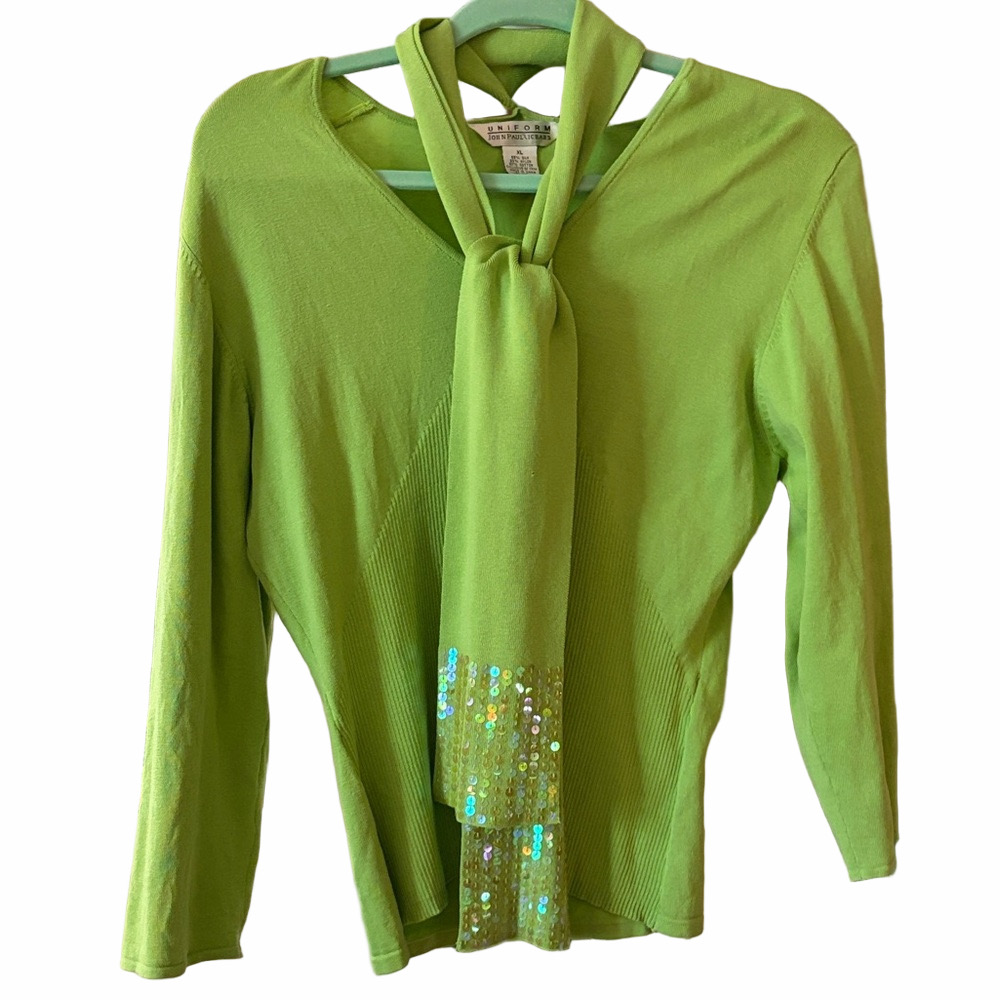 John Paul Richard Lime green sweater with sequined neck tie XL